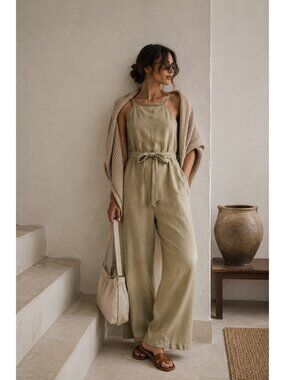 Mossimo Womens Linen Blend Jumpsuit XXL Tan Wide Leg Sleeveless Belted Casual
